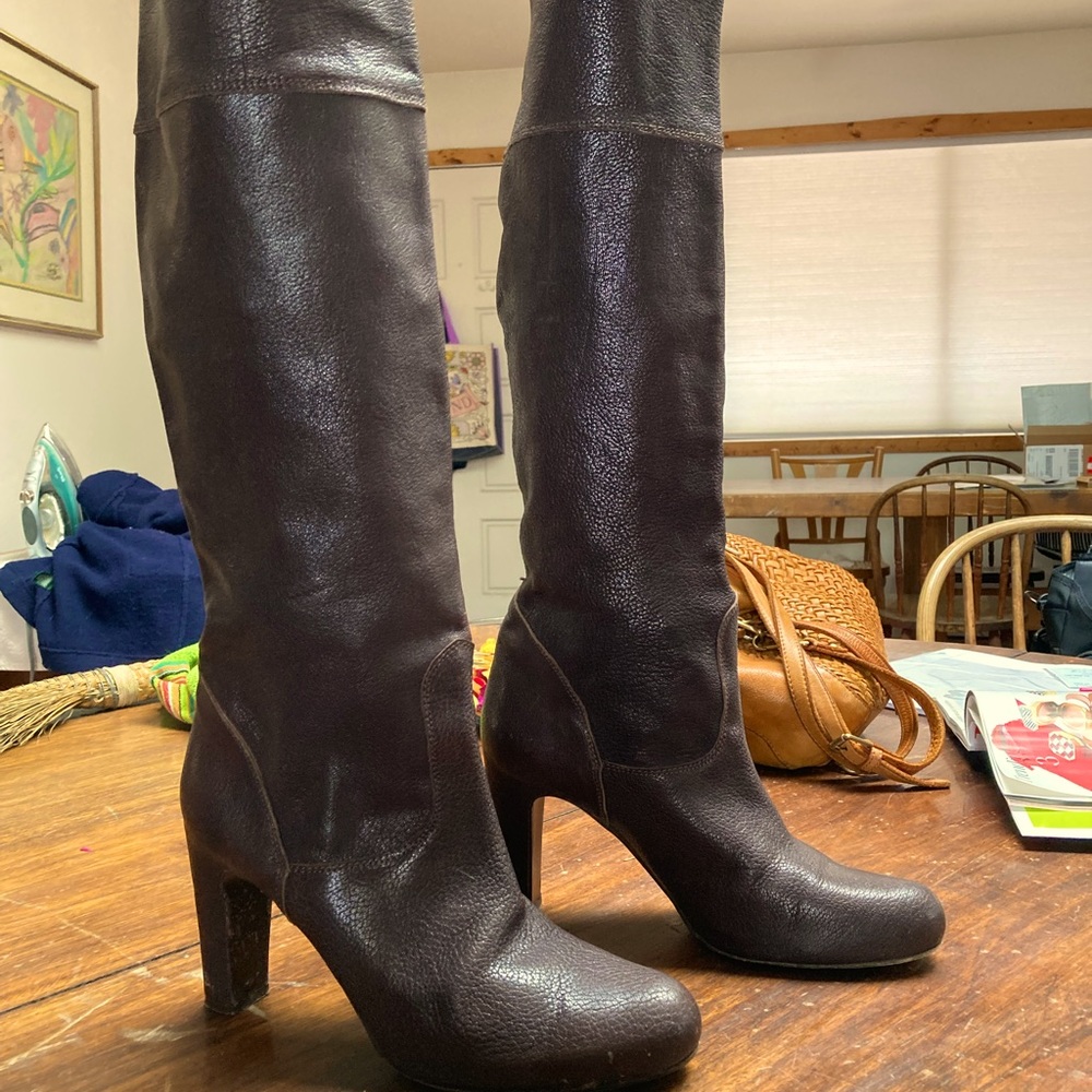 Sportmax knee high 3.5” heel pull on boots. Chocolate Leather color. Used.